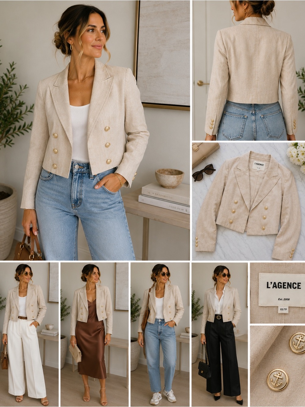 L’AGENCE Dolly Sand 100% Linen Cropped Double Breasted Blazer XS